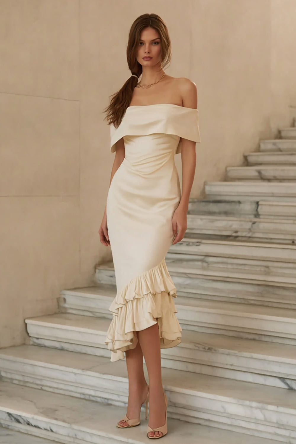 Ivory Satin Sheath Off the Shoulder Tiered Midi Engagement Dress