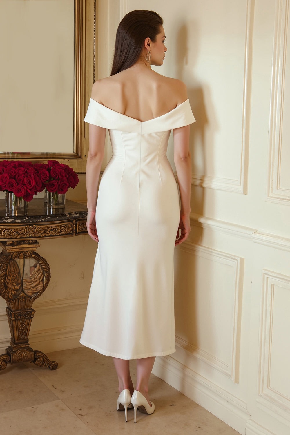 Ivory Satin Off the Shoulder Midi Bodycon Engagement Dress with Slit