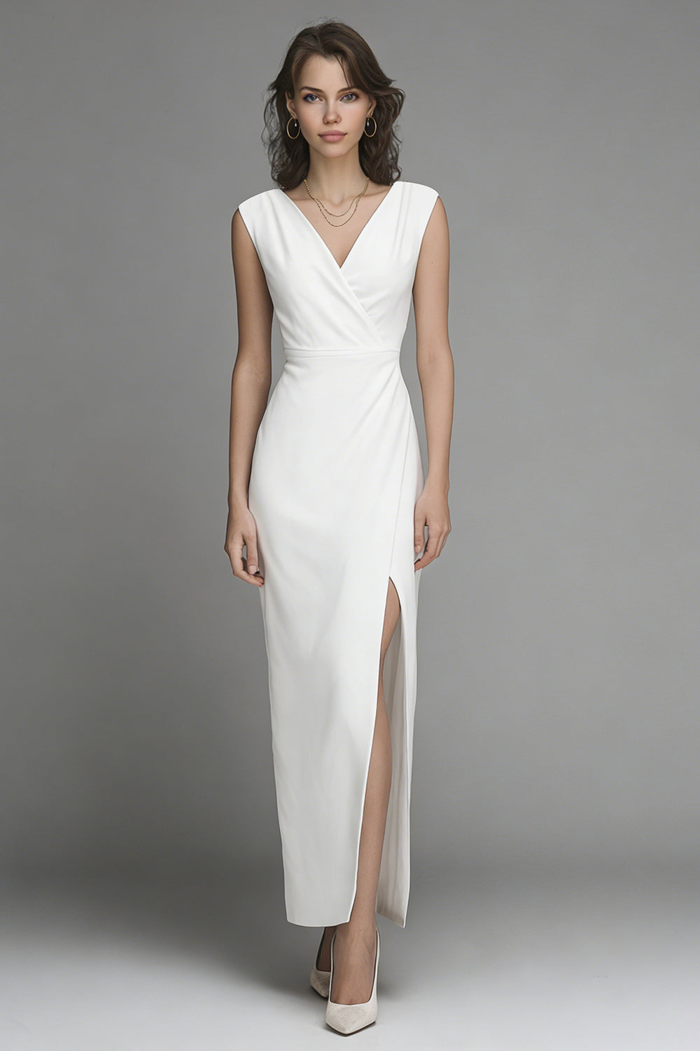 White Satin Sheath V-Neck Maxi Rehearsal Dinner Dress with Slit