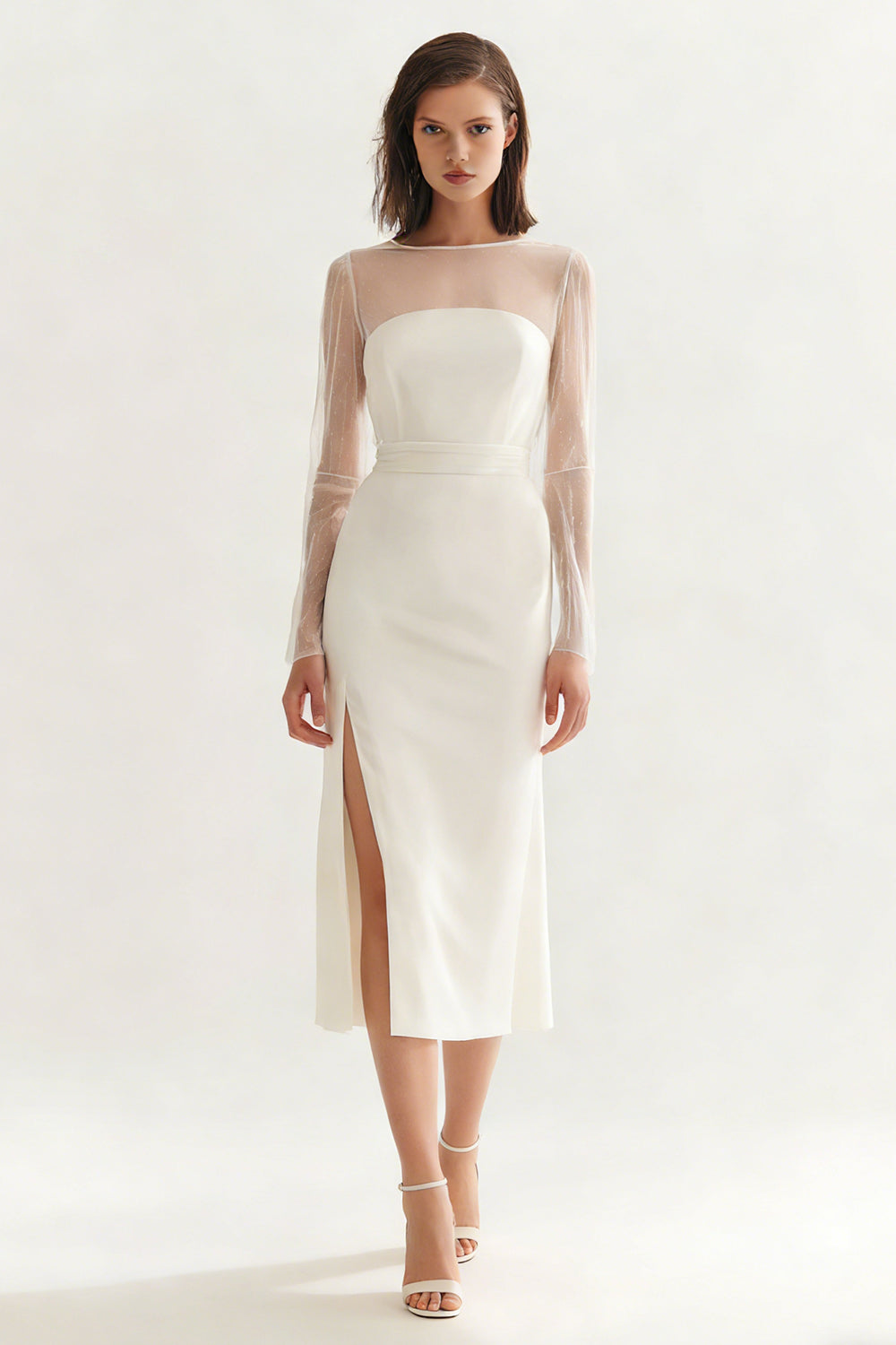 Elegant Ivory Satin Bateau Neck Midi Engagement Dress with Sleeves