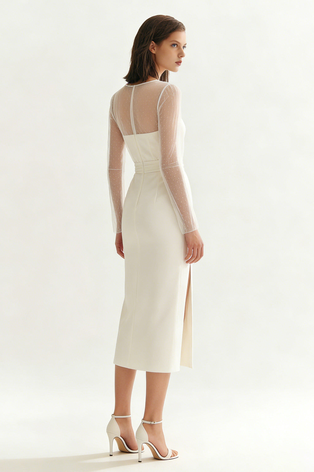 Elegant Ivory Satin Bateau Neck Midi Engagement Dress with Sleeves