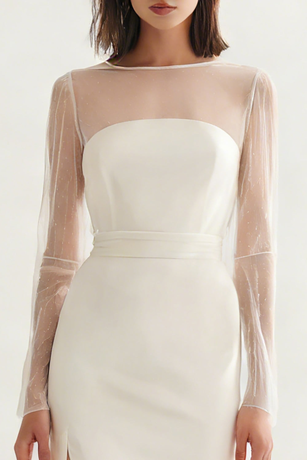 Elegant Ivory Satin Bateau Neck Midi Engagement Dress with Sleeves