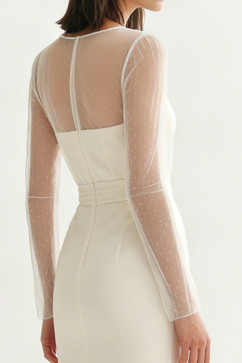 Elegant Ivory Satin Bateau Neck Midi Engagement Dress with Sleeves