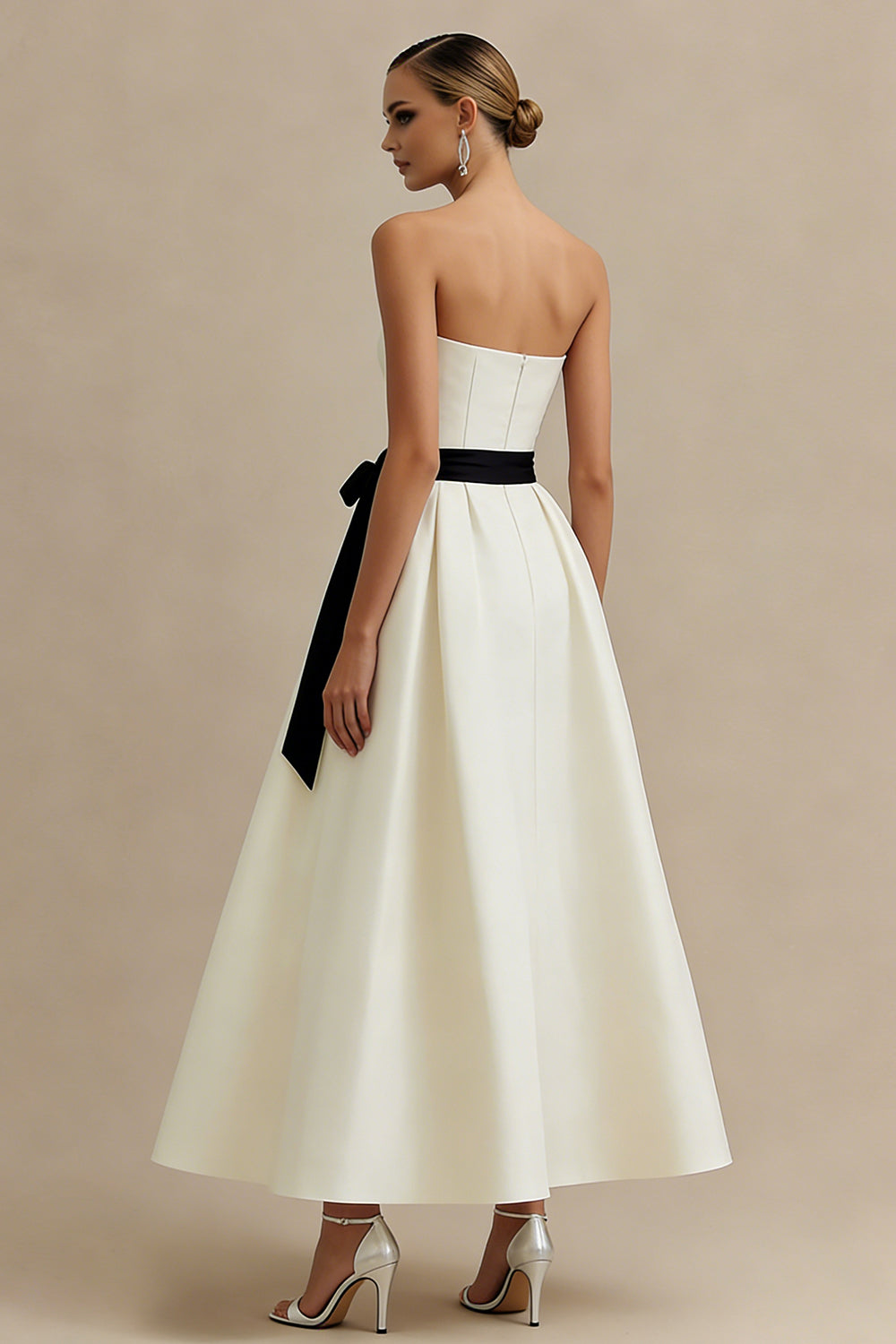 Ivory Satin A Line Strapless Long Engagement Dress with Bow