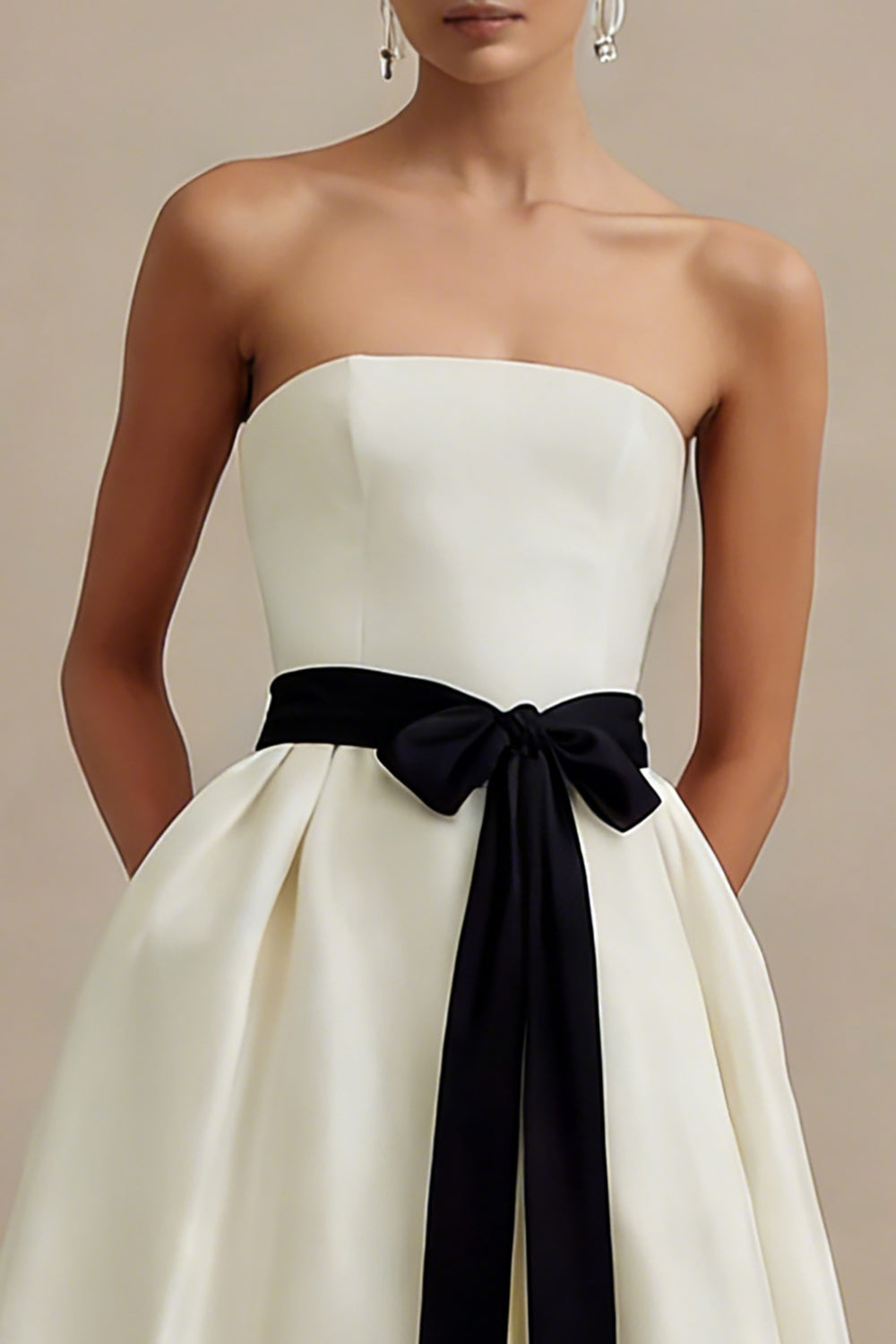 Ivory Satin A Line Strapless Long Engagement Dress with Bow