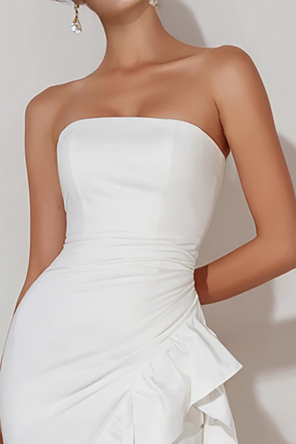 White Strapless Ruffled Sheath Midi Engagement Dress