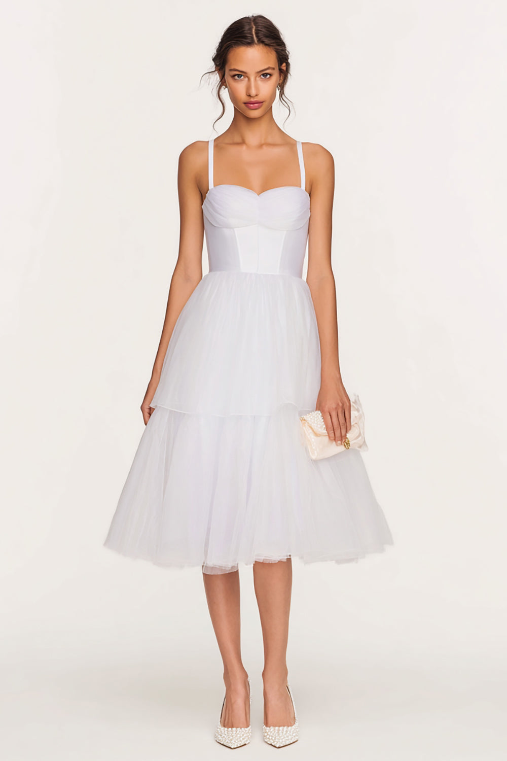 White Tulle Spaghetti Straps Midi Corset Engagement Dress with Ruffles