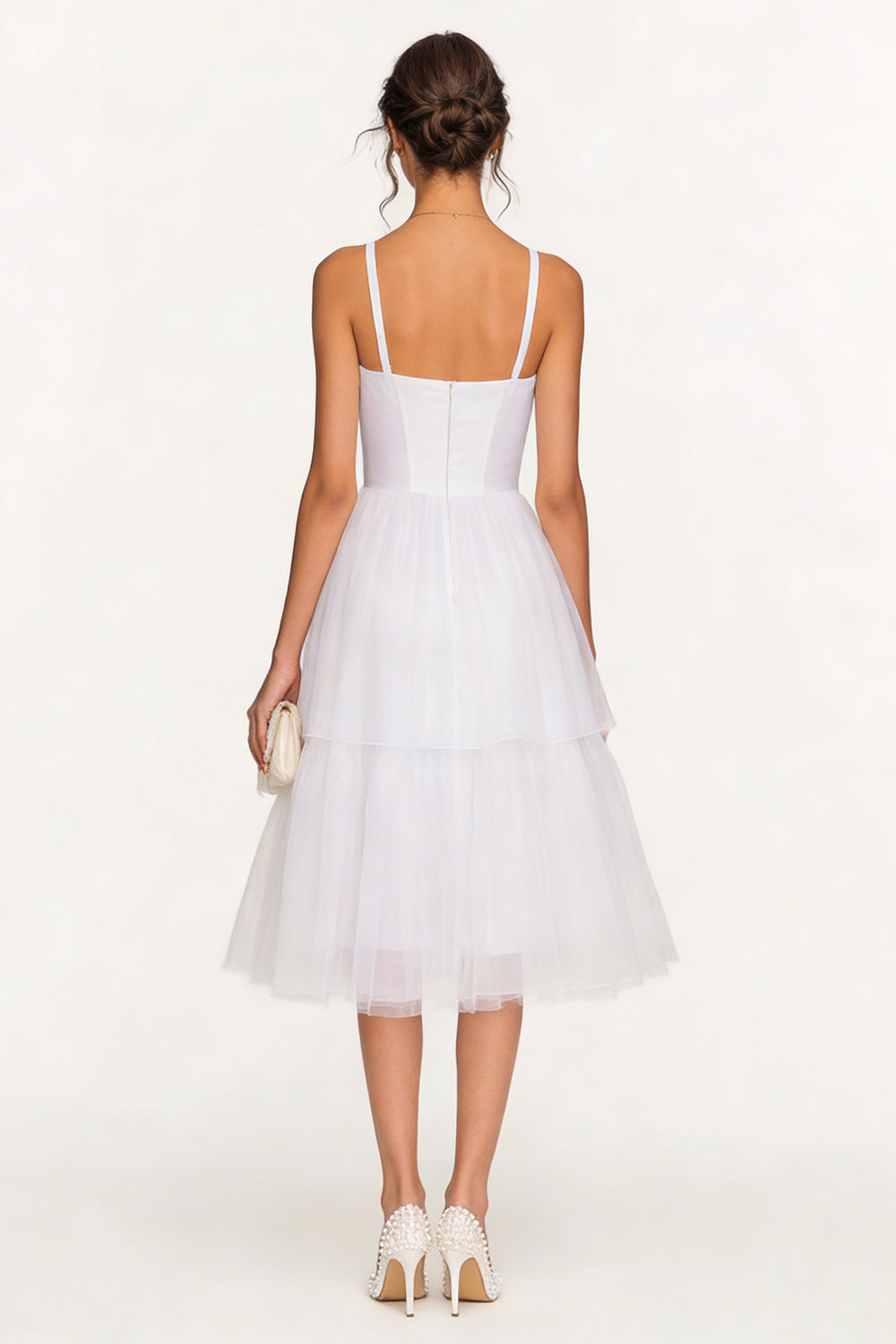 White Tulle Spaghetti Straps Midi Corset Engagement Dress with Ruffles