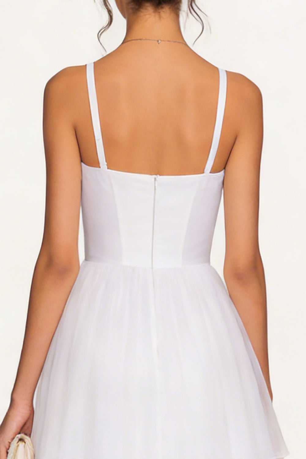 White Tulle Spaghetti Straps Midi Corset Engagement Dress with Ruffles