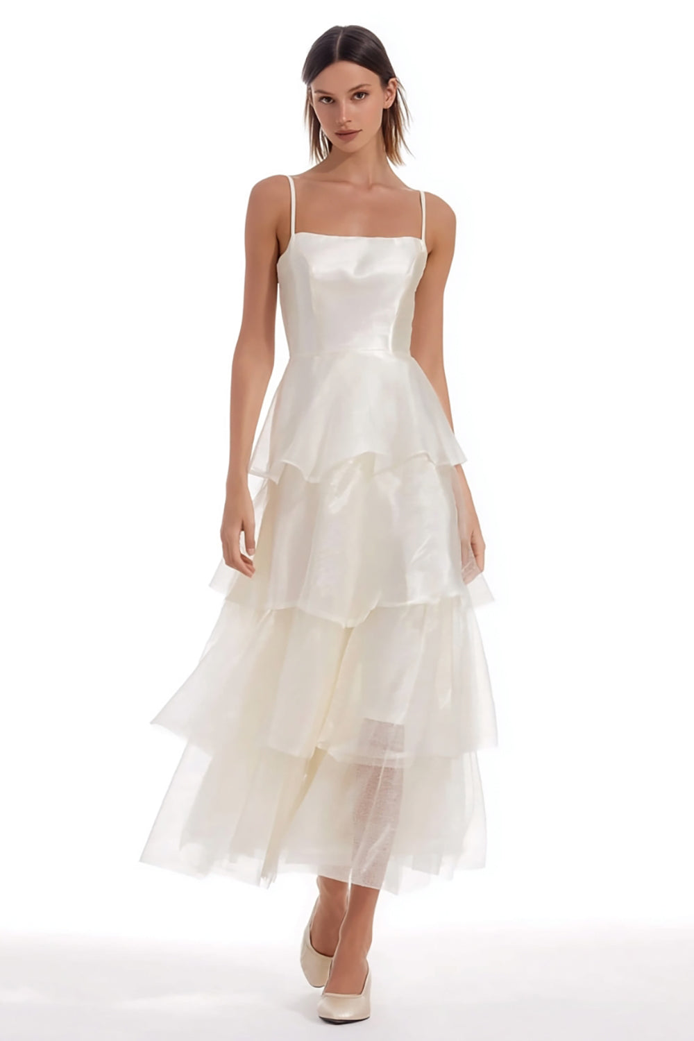 Ivory A Line Tiered Organza Long Engagement Dress