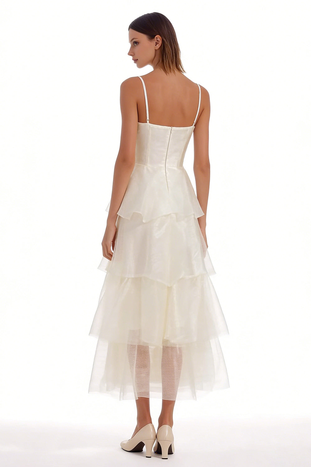 Ivory A Line Tiered Organza Long Engagement Dress