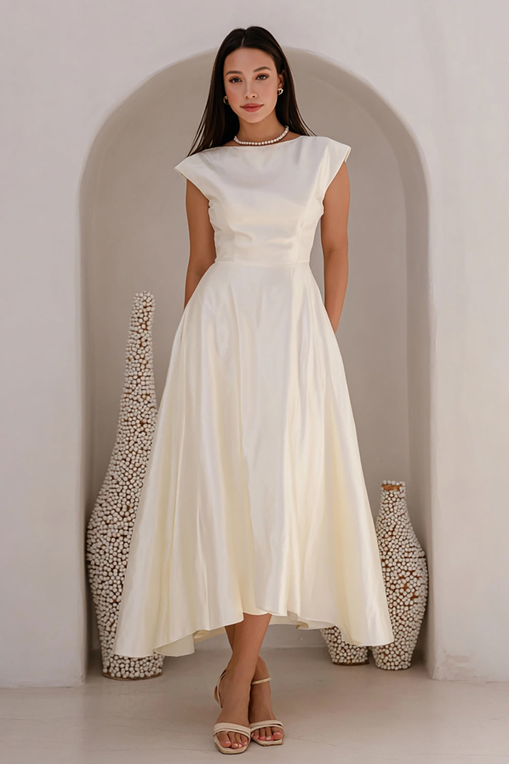 Ivory Satin Bateau Neck A Line Long Rehearsal Dinner Dress