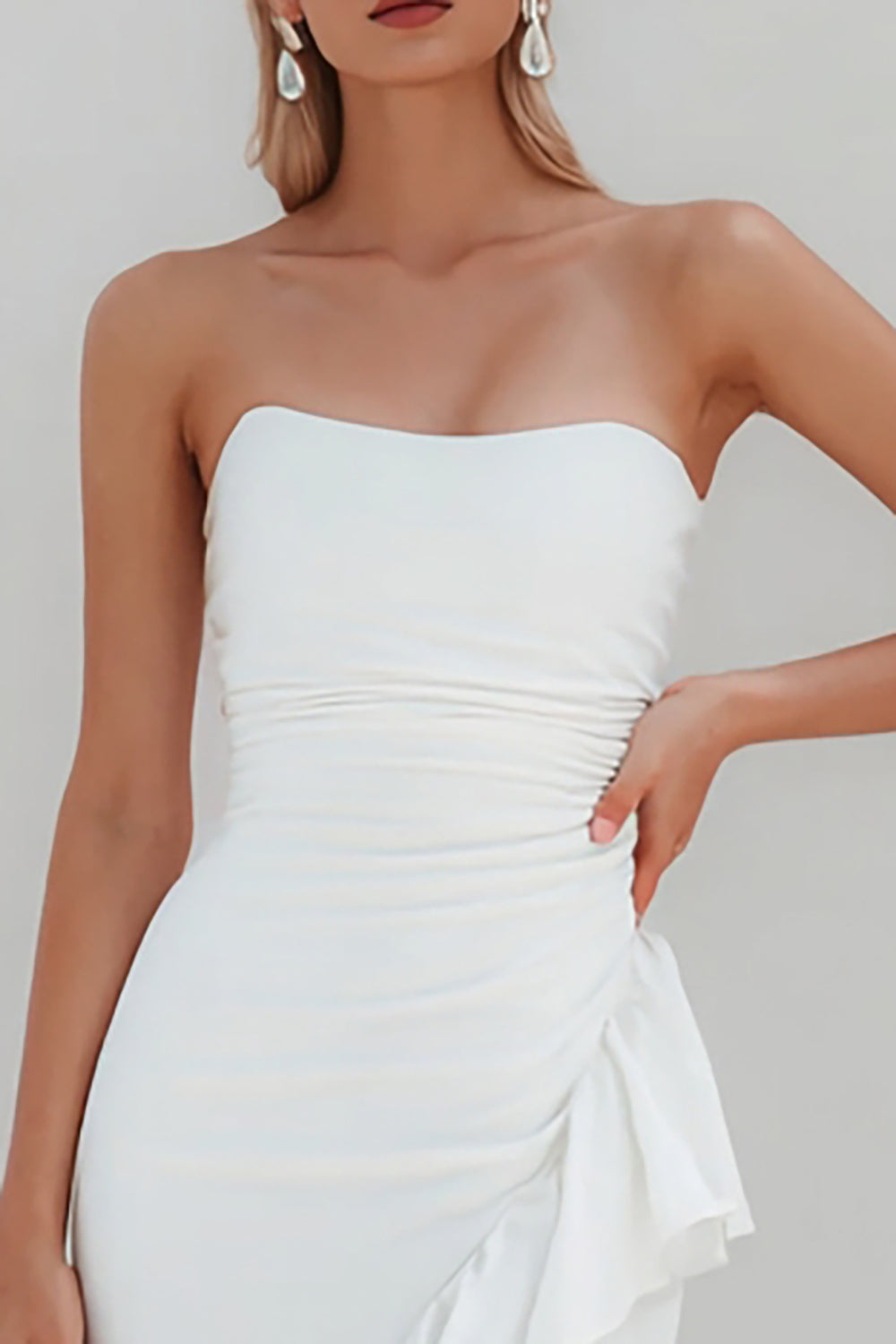 White Sheath Strapless Satin Ruched Midi Bridal Shower Dress with Slit