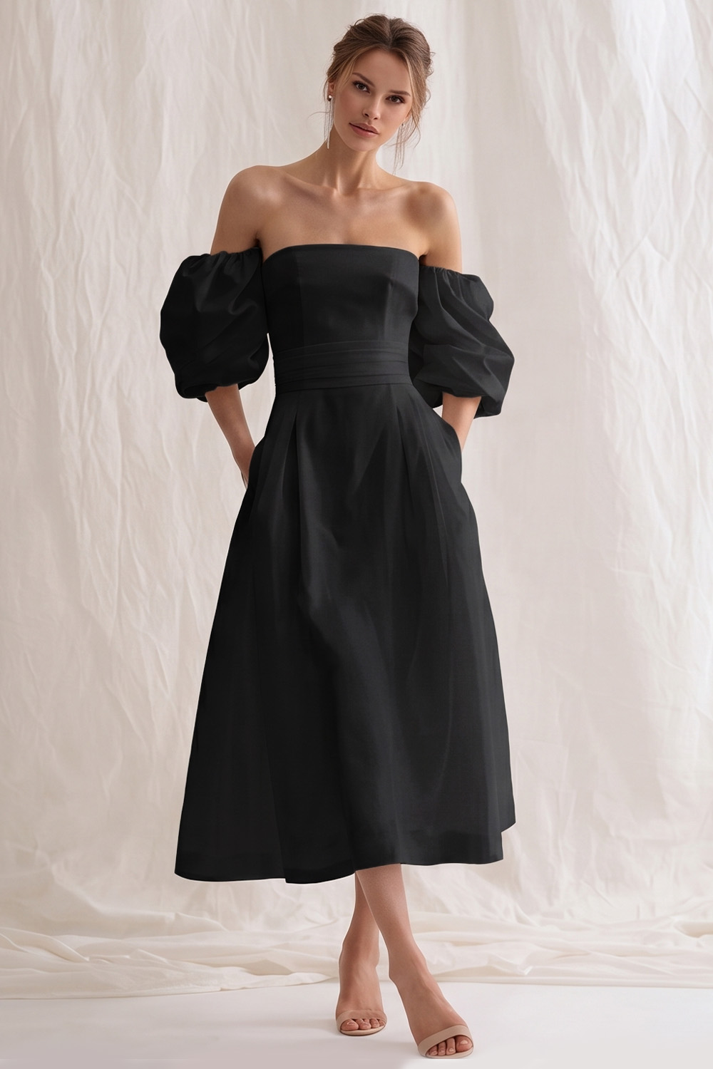 Simple Ivory A Line Puff Sleeves Maxi Rehearsal Dinner Dress