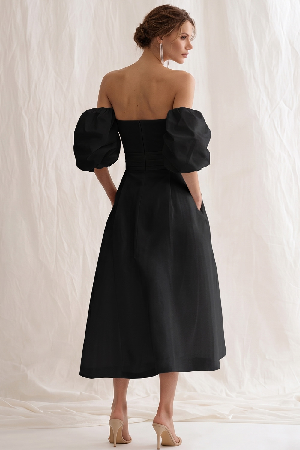 Simple Ivory A Line Puff Sleeves Maxi Rehearsal Dinner Dress