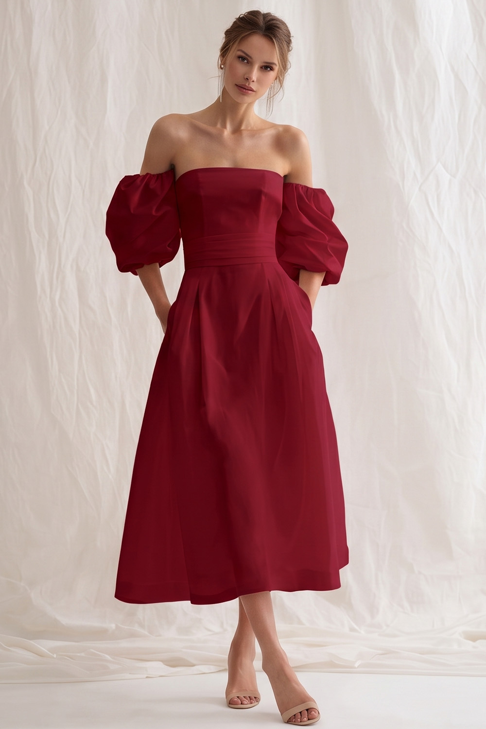 Simple Ivory A Line Puff Sleeves Maxi Rehearsal Dinner Dress