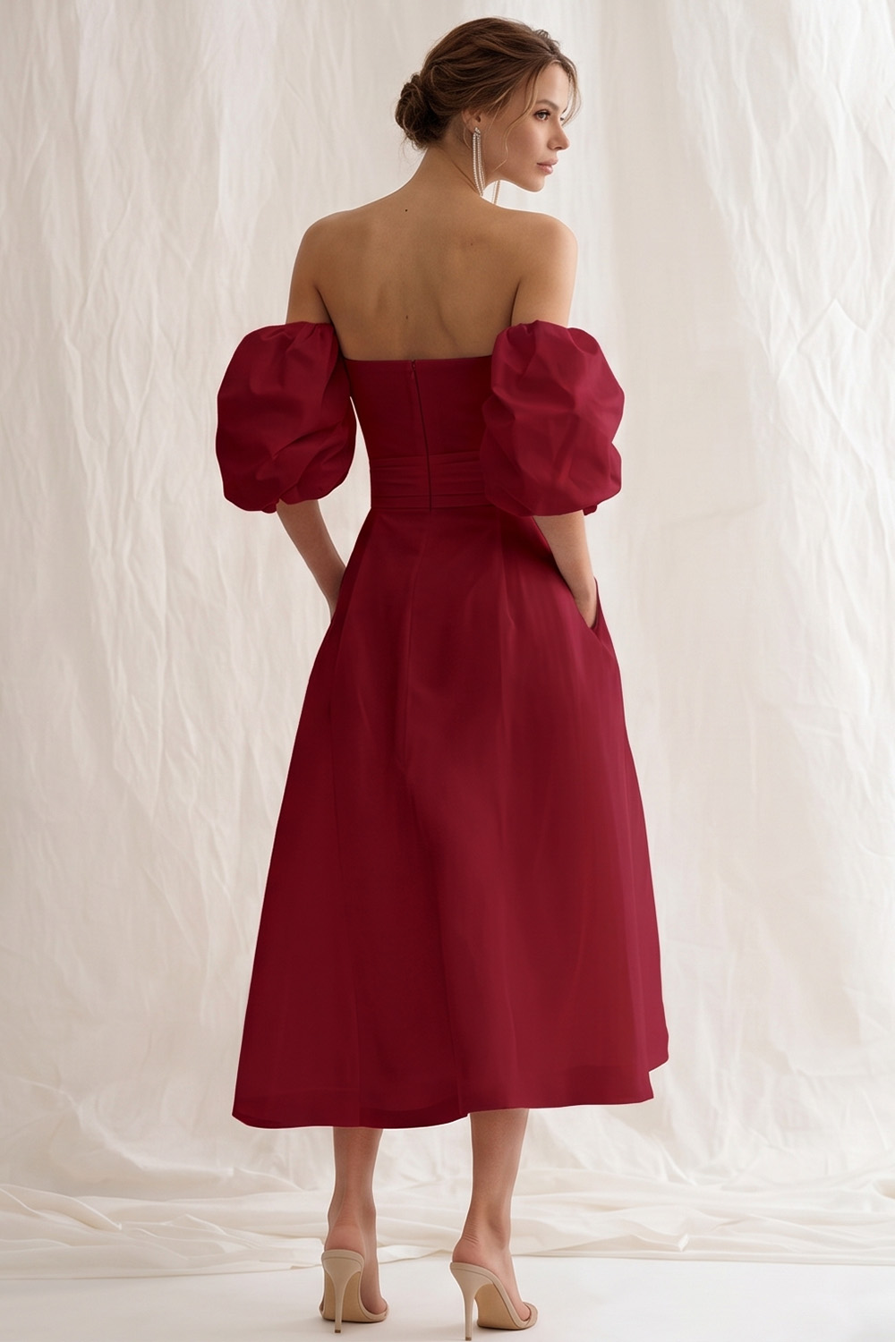 Simple Ivory A Line Puff Sleeves Maxi Rehearsal Dinner Dress