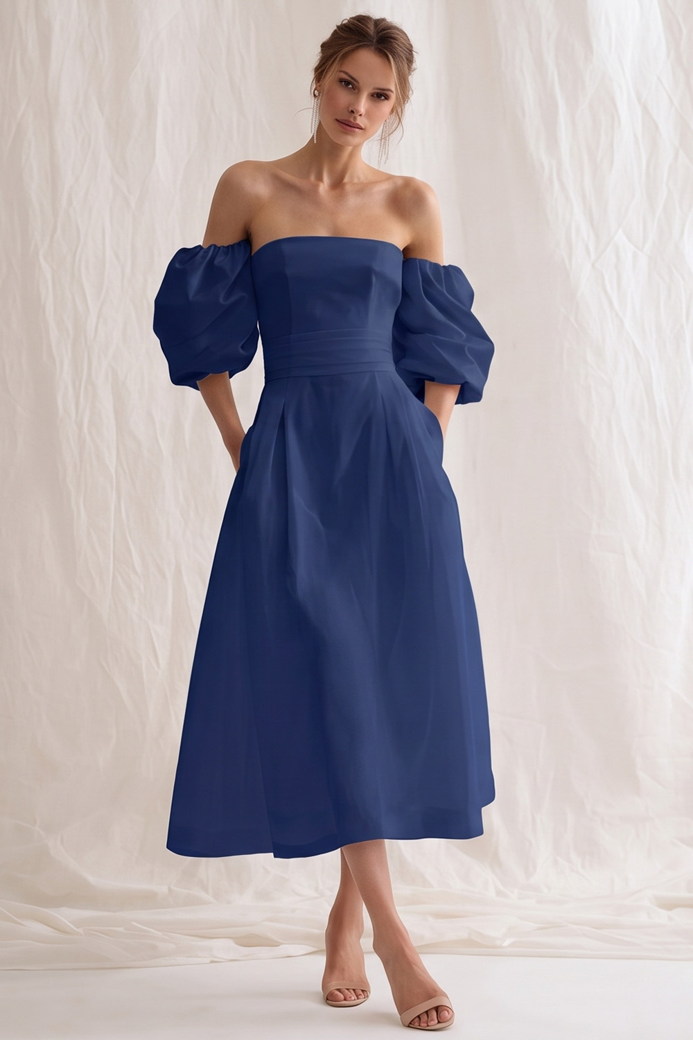 Simple Ivory A Line Puff Sleeves Maxi Rehearsal Dinner Dress