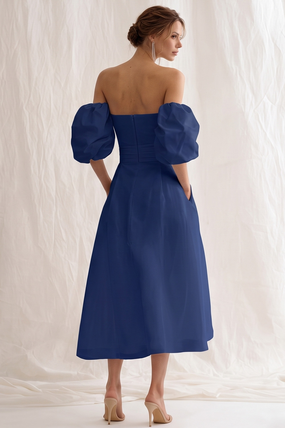 Simple Ivory A Line Puff Sleeves Maxi Rehearsal Dinner Dress