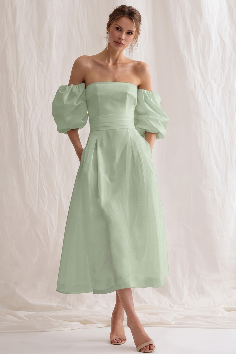 Simple Ivory A Line Puff Sleeves Maxi Rehearsal Dinner Dress