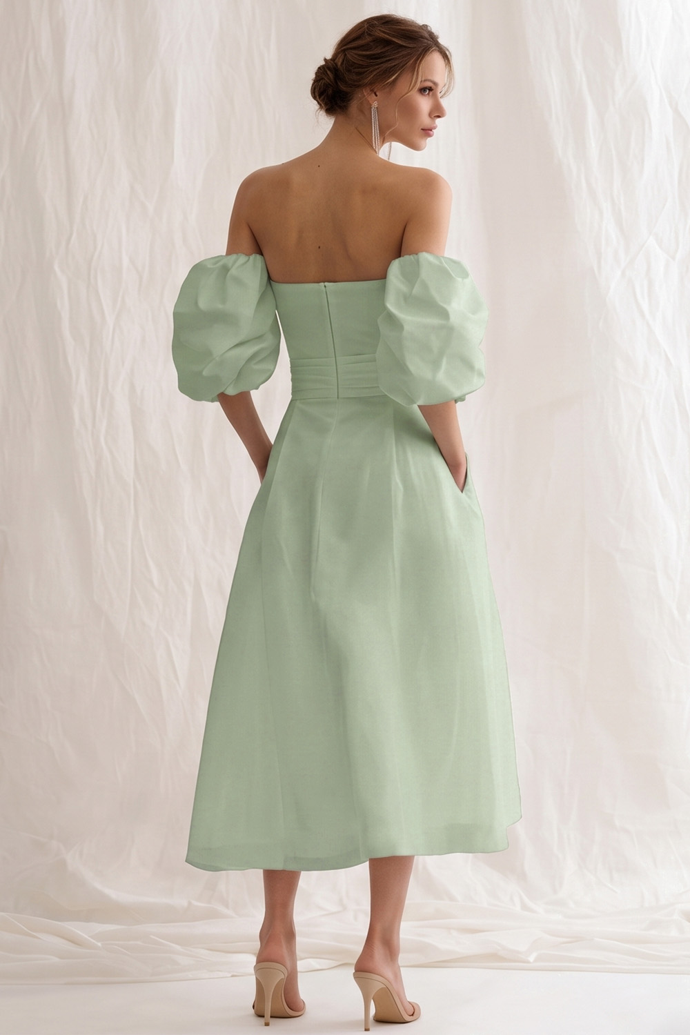 Simple Ivory A Line Puff Sleeves Maxi Rehearsal Dinner Dress