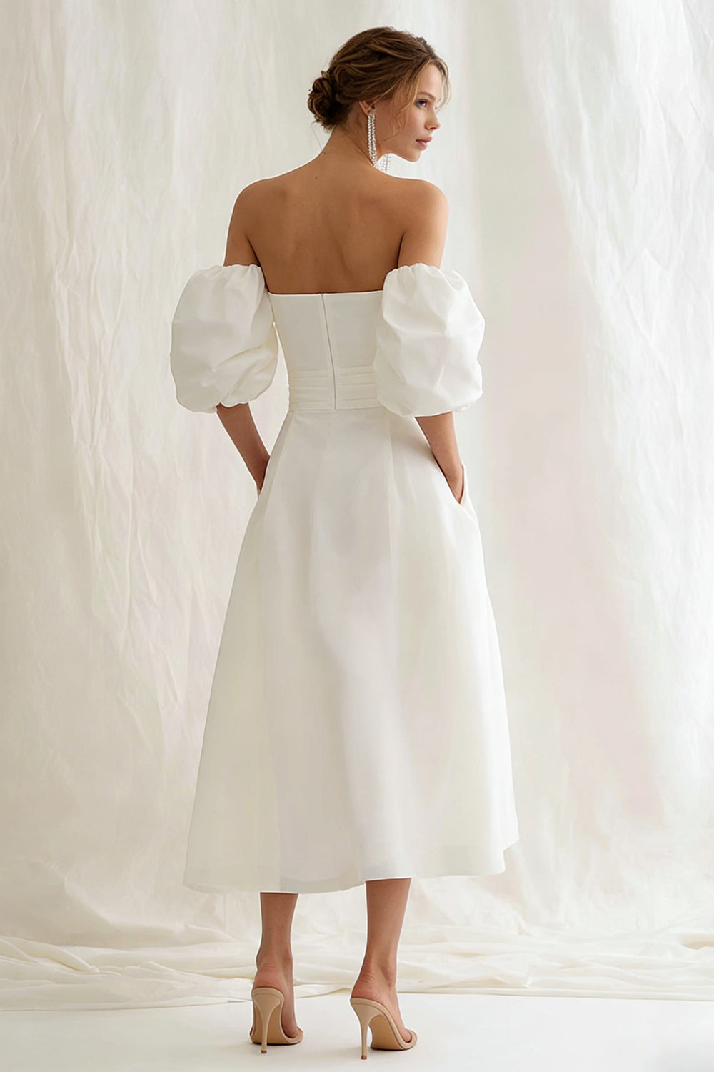 Simple Ivory A Line Puff Sleeves Maxi Rehearsal Dinner Dress