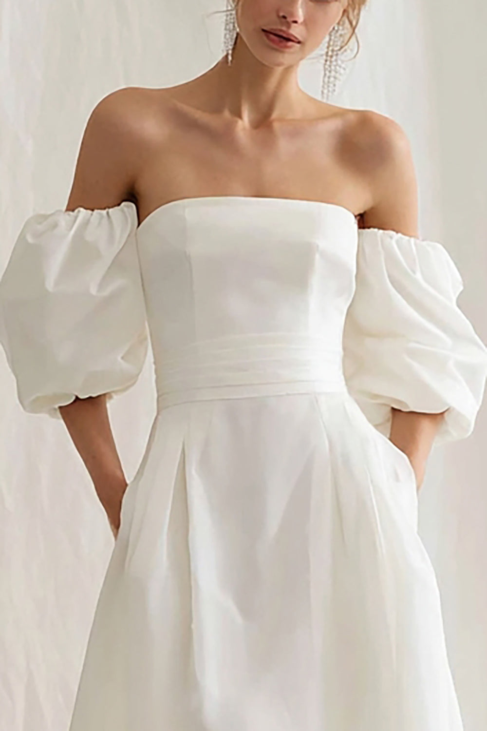 Simple Ivory A Line Puff Sleeves Maxi Rehearsal Dinner Dress