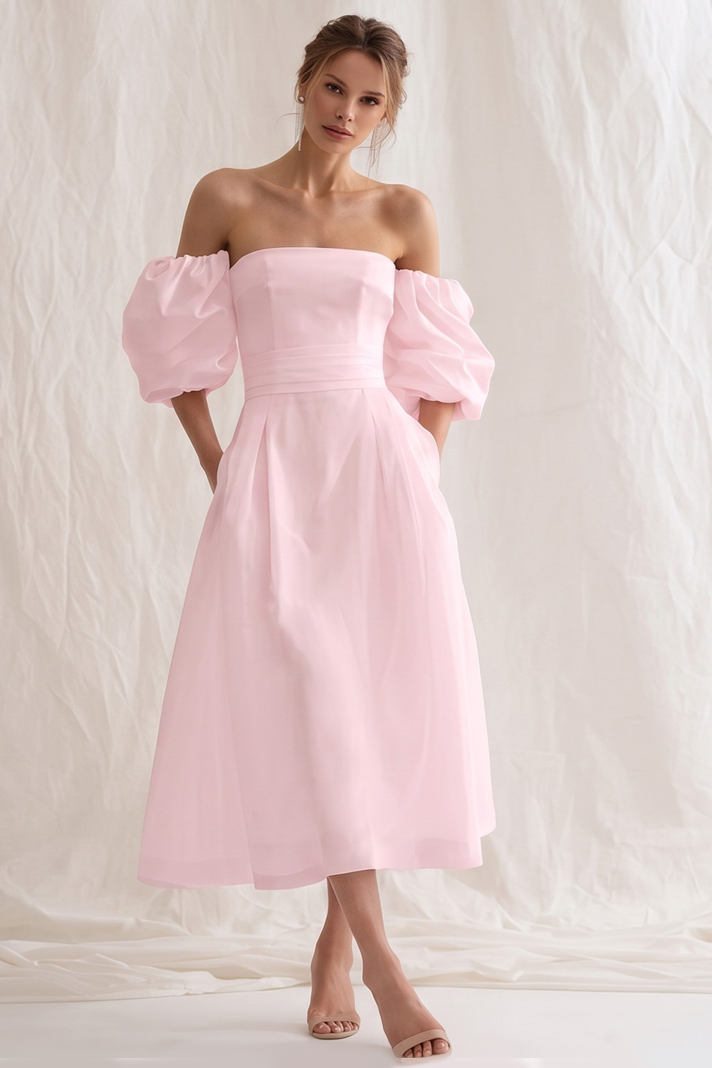 Simple Ivory A Line Puff Sleeves Maxi Rehearsal Dinner Dress