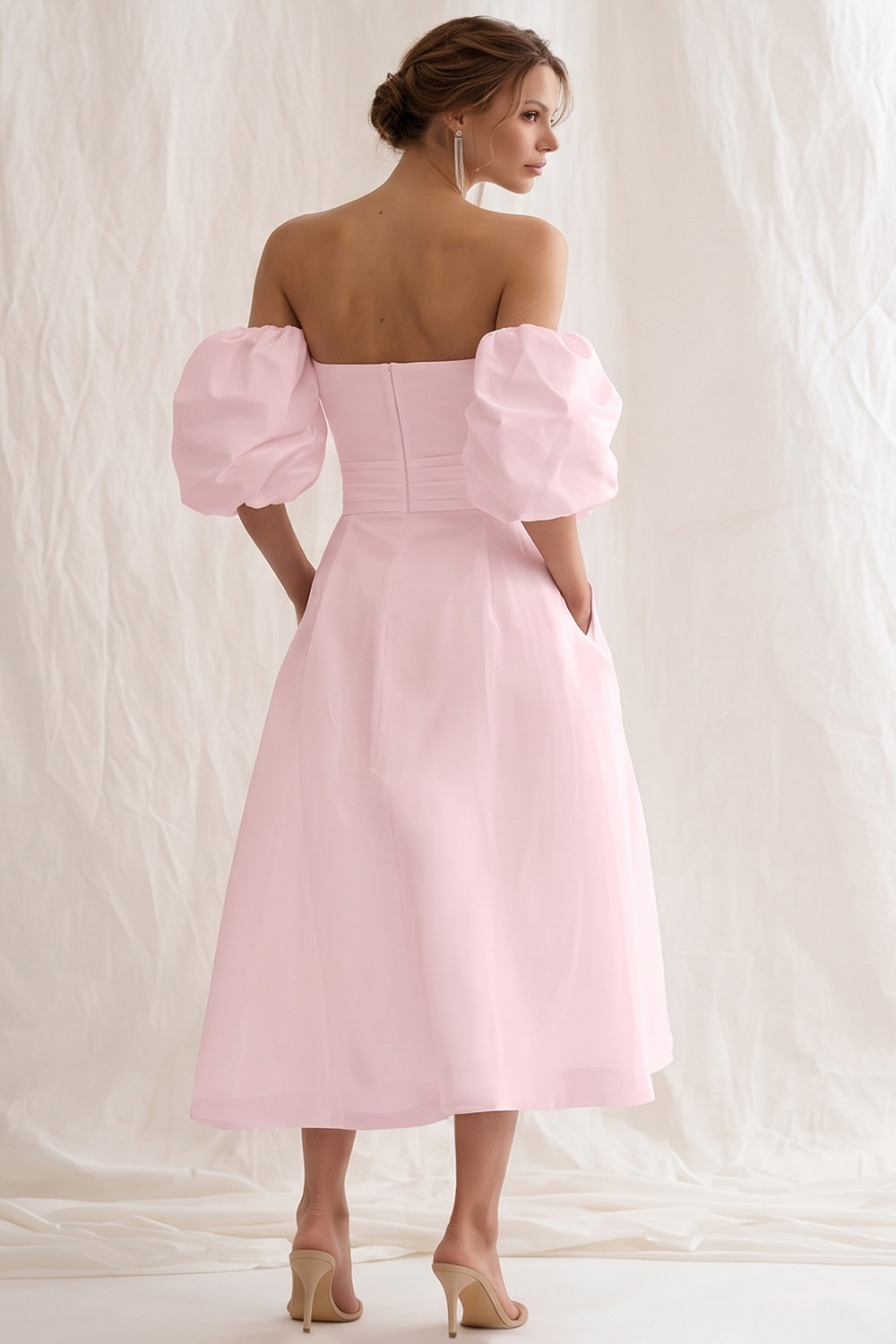 Simple Ivory A Line Puff Sleeves Maxi Rehearsal Dinner Dress