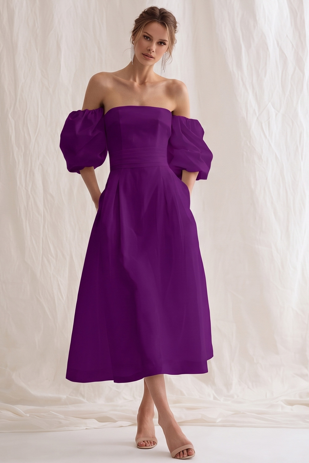 Simple Ivory A Line Puff Sleeves Maxi Rehearsal Dinner Dress