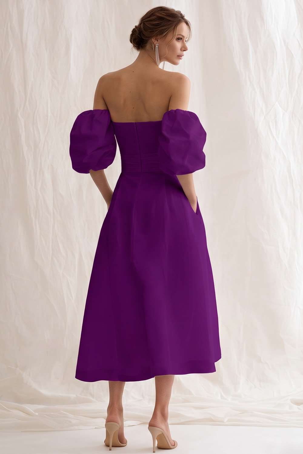 Simple Ivory A Line Puff Sleeves Maxi Rehearsal Dinner Dress