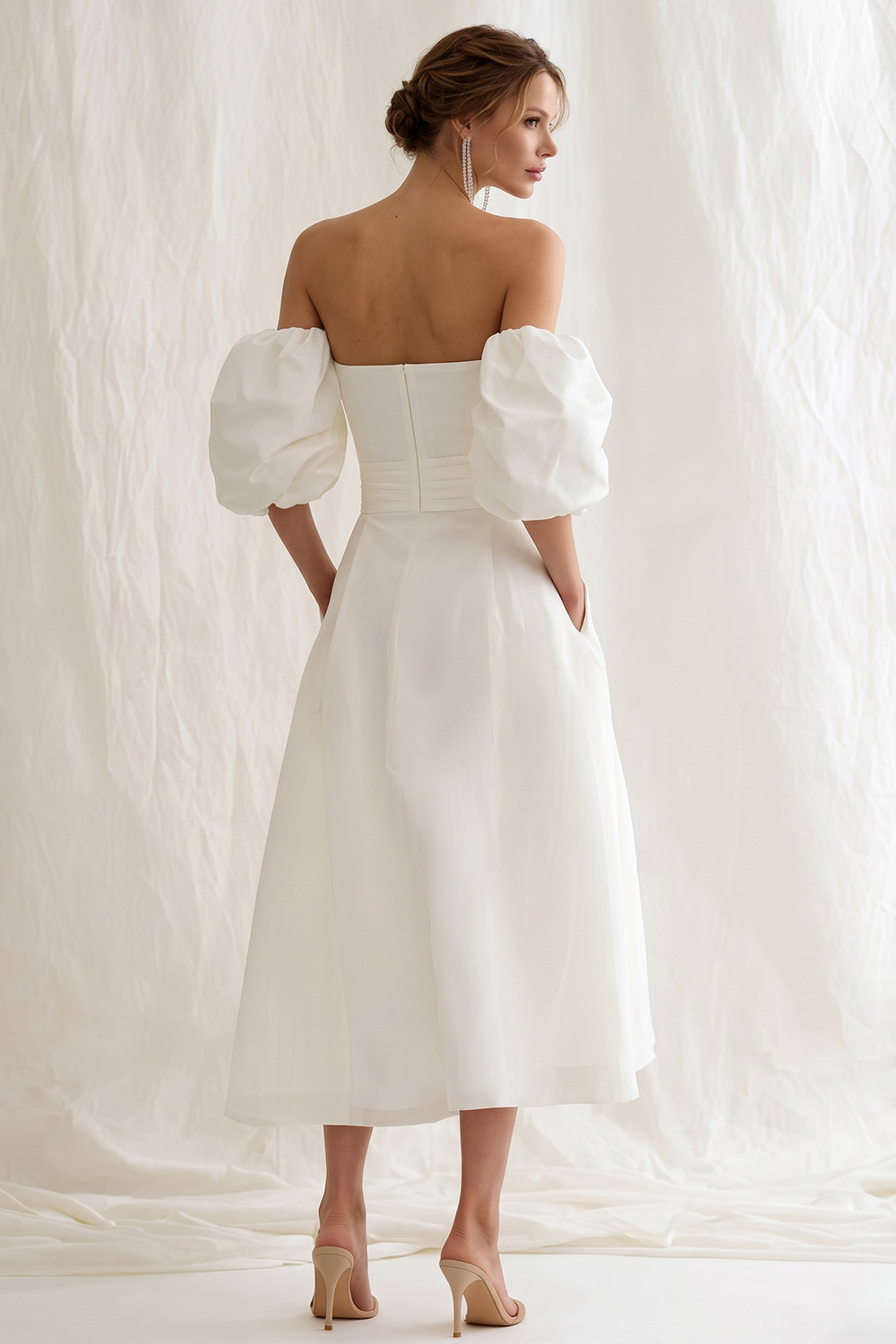 Simple Ivory A Line Puff Sleeves Maxi Rehearsal Dinner Dress
