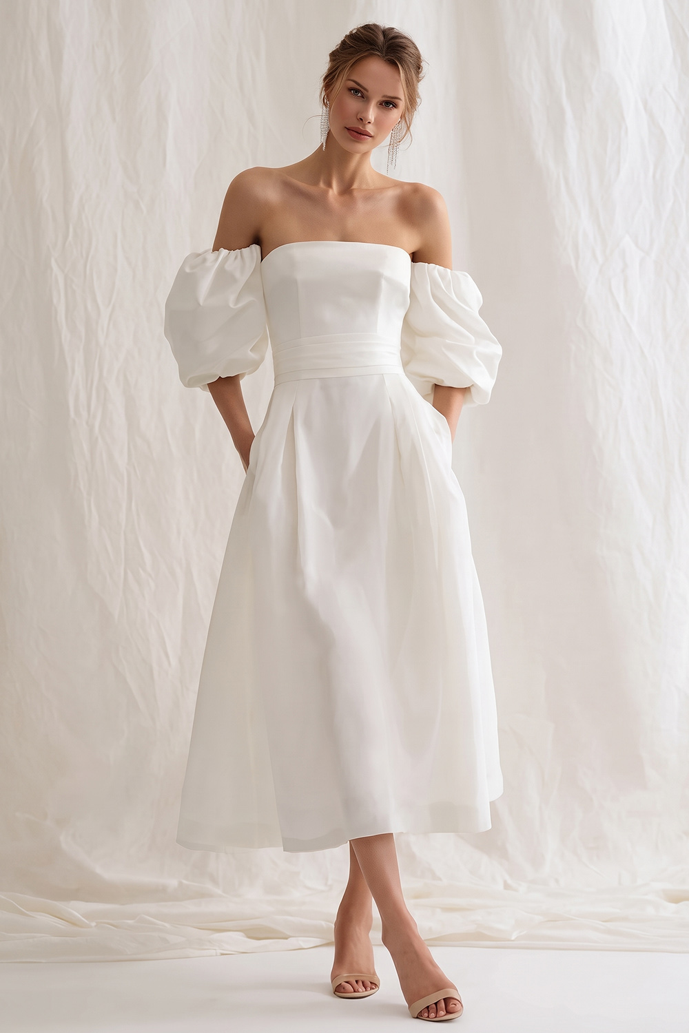 Simple Ivory A Line Puff Sleeves Maxi Rehearsal Dinner Dress