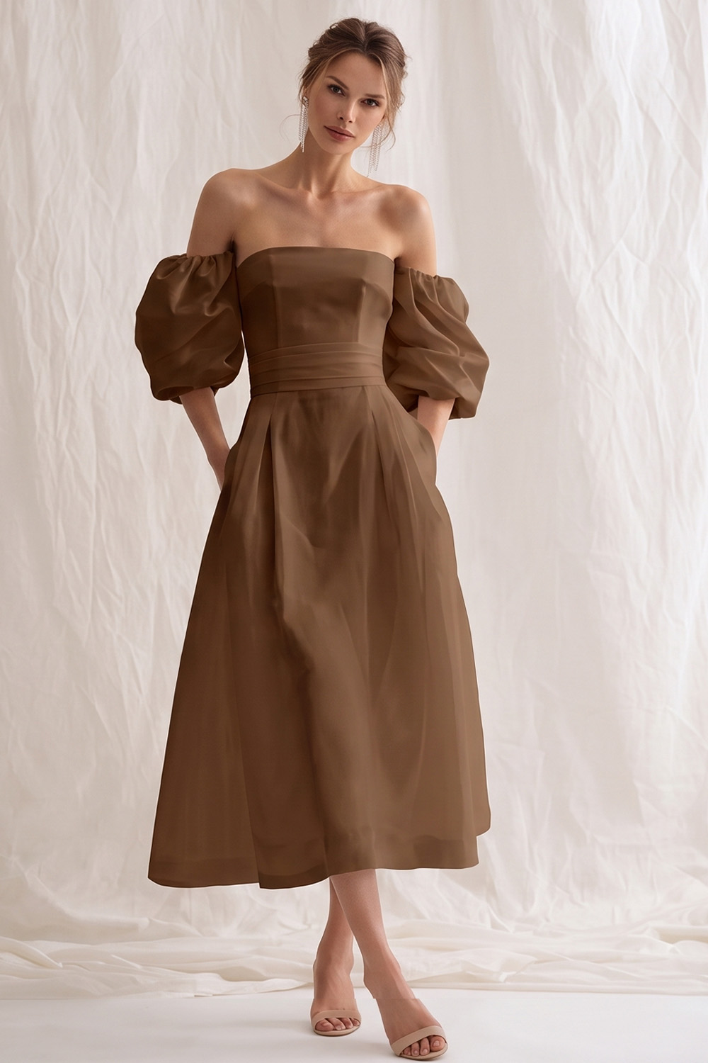 Simple Ivory A Line Puff Sleeves Maxi Rehearsal Dinner Dress