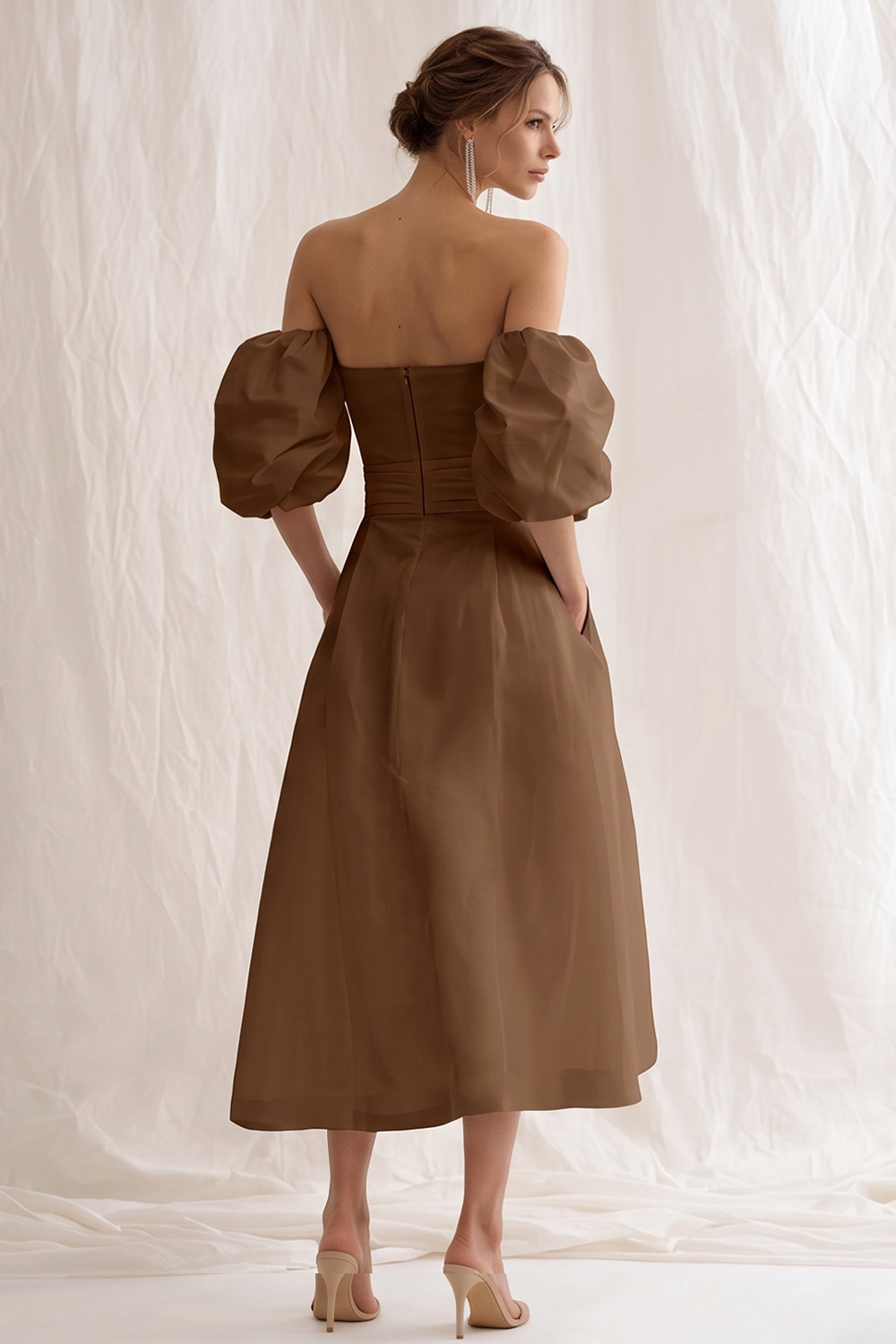 Simple Ivory A Line Puff Sleeves Maxi Rehearsal Dinner Dress