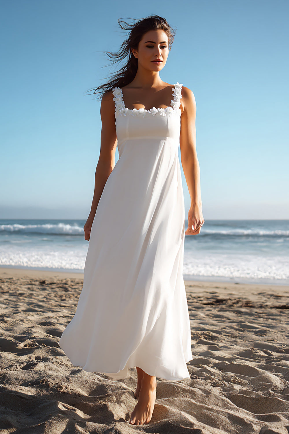 Flowy White A Line Chiffon Square Neck Maxi Rehearsal Dinner Dress