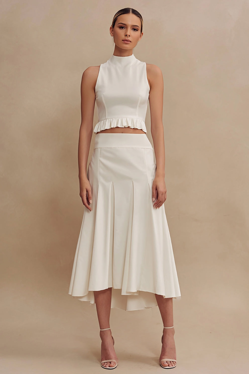 2 Piece Ivory High Neck Ruffled A Line Midi Engagement Dress