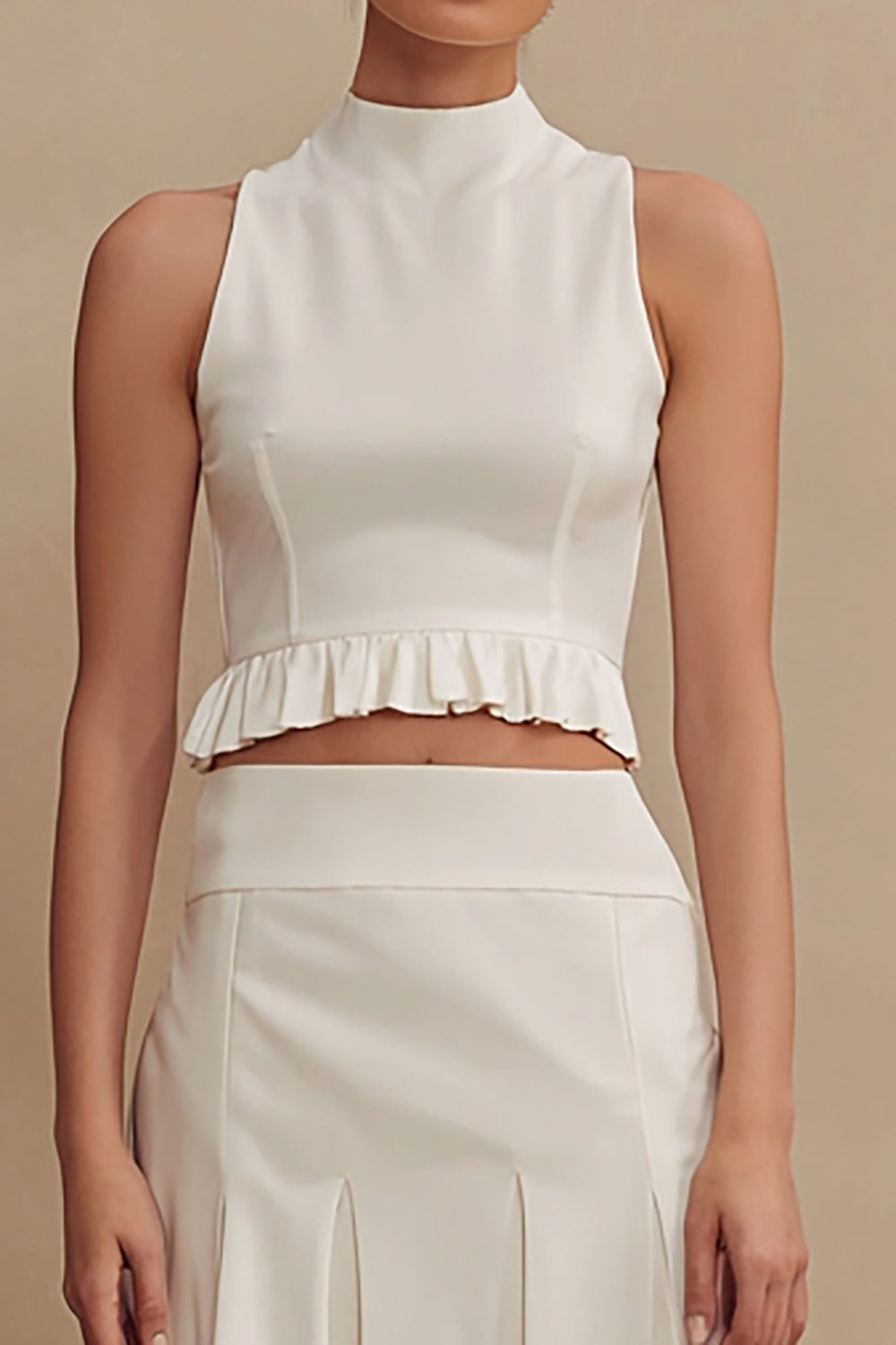 2 Piece Ivory High Neck Ruffled A Line Midi Engagement Dress