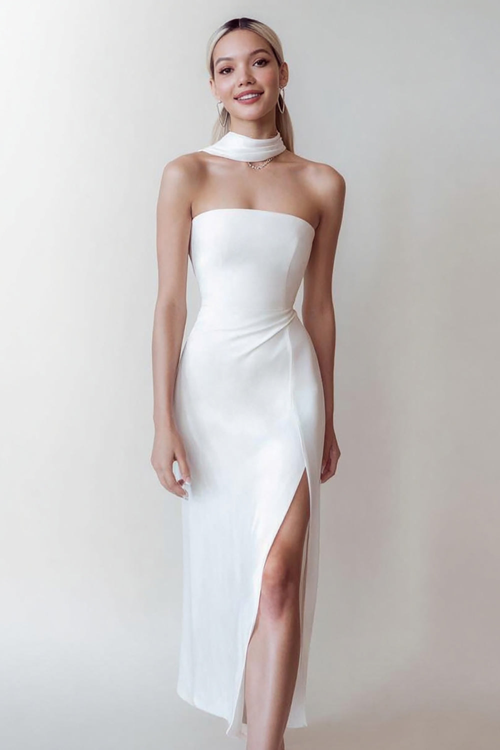 Flowy White Neck Scarf Sheath Long Rehearsal DInner Dress with Slit