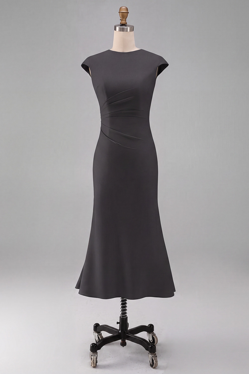 Elegant White Crew Neck Bodycon Ruched Midi Rehearsal Dinner Dress
