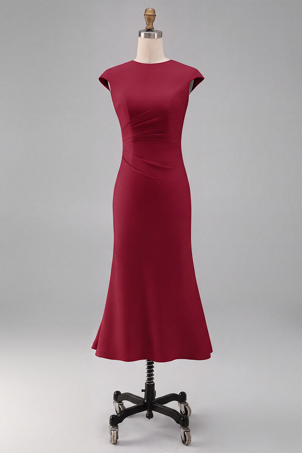 Elegant White Crew Neck Bodycon Ruched Midi Rehearsal Dinner Dress