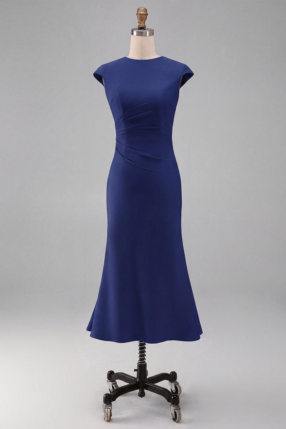 Elegant White Crew Neck Bodycon Ruched Midi Rehearsal Dinner Dress