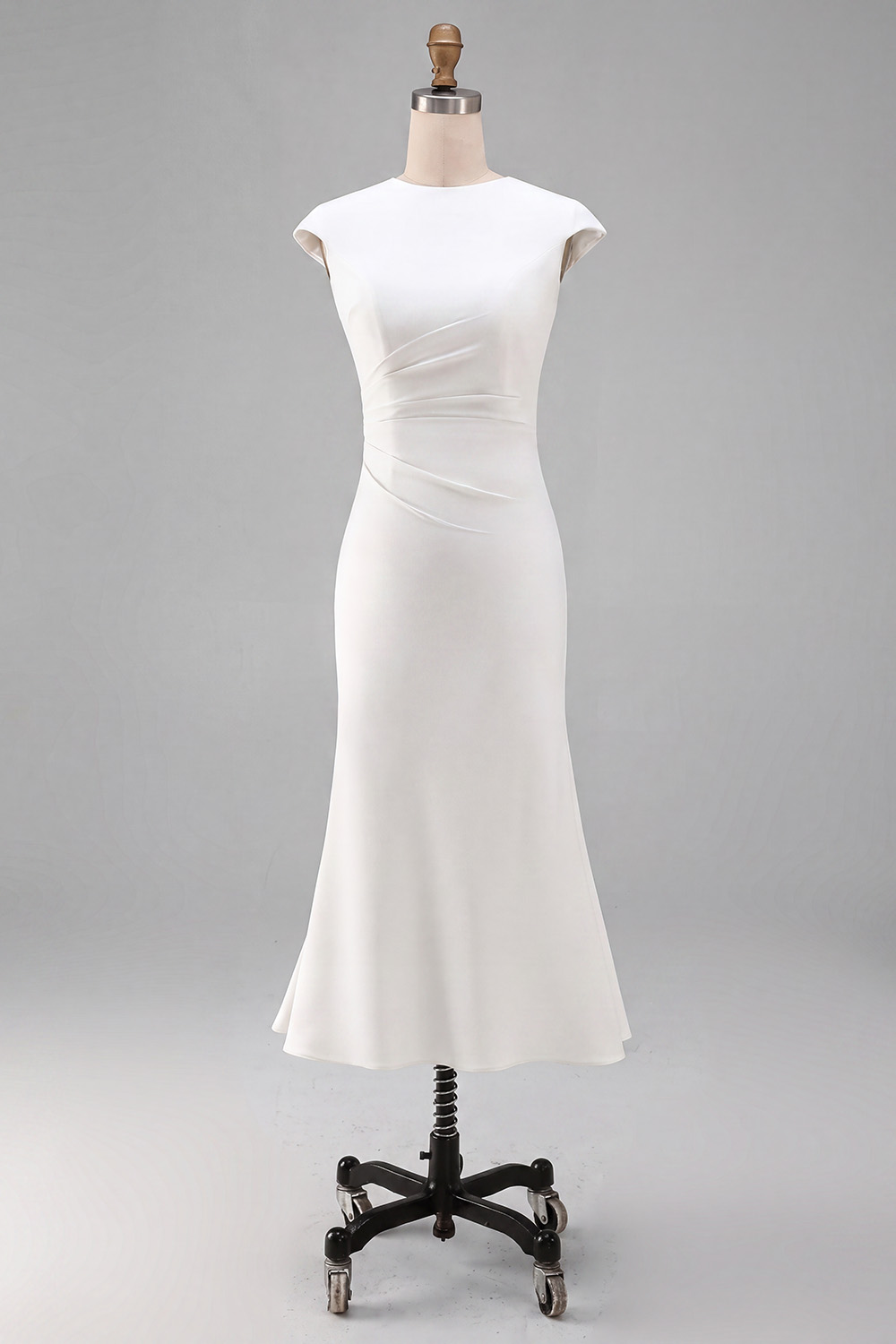 Elegant White Crew Neck Bodycon Ruched Midi Rehearsal Dinner Dress