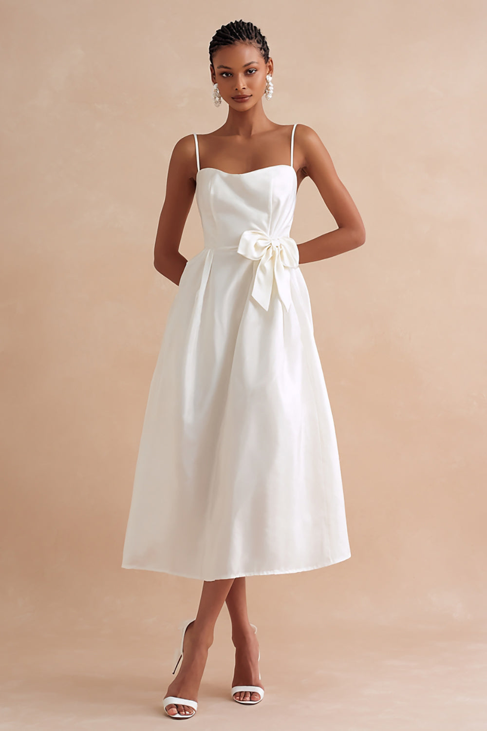 White A Line Satin Spaghetti Straps Midi Engagement Dress with Bow