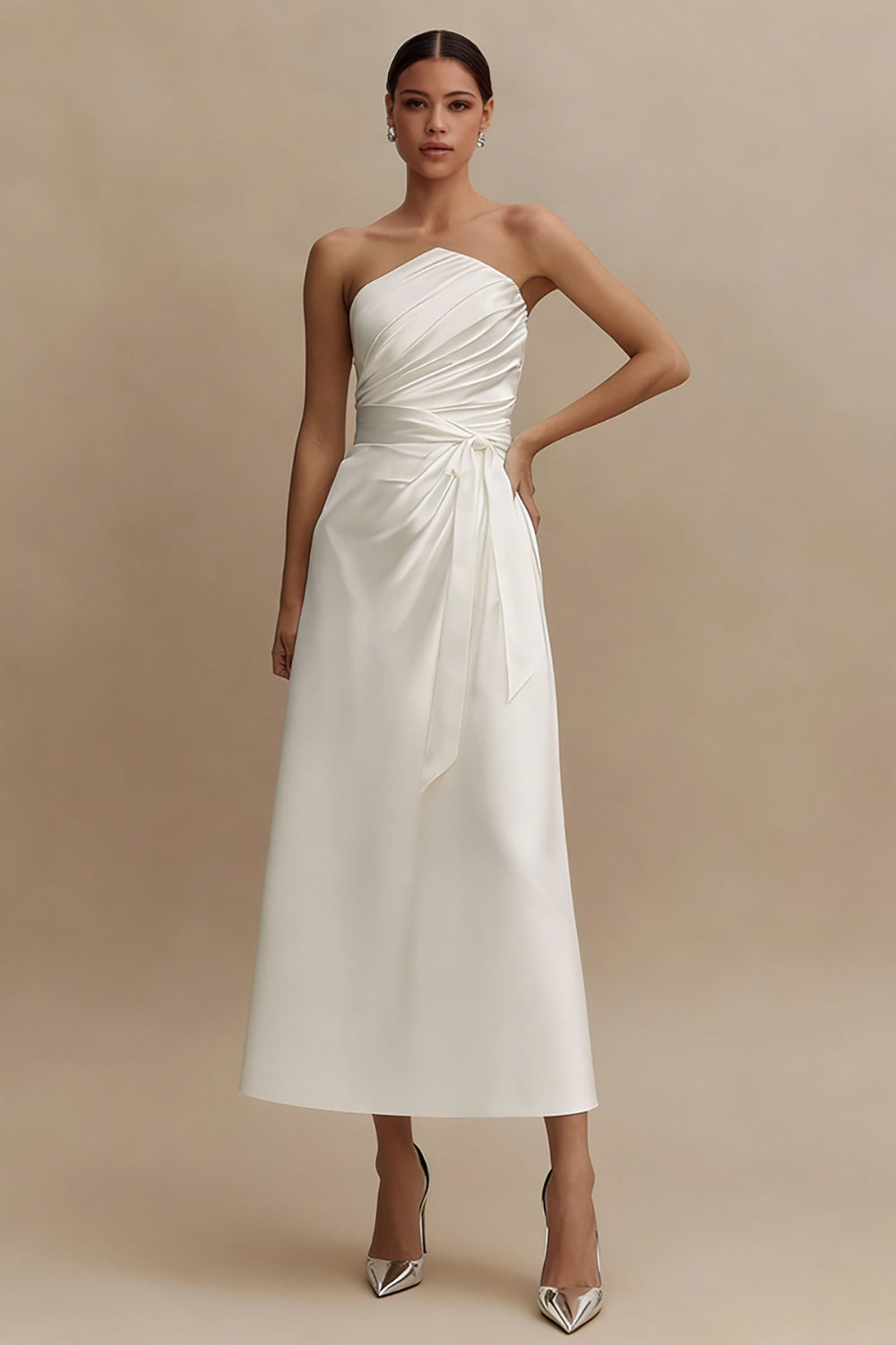 White A Line Strapless Ruffled Midi Engagement Dress