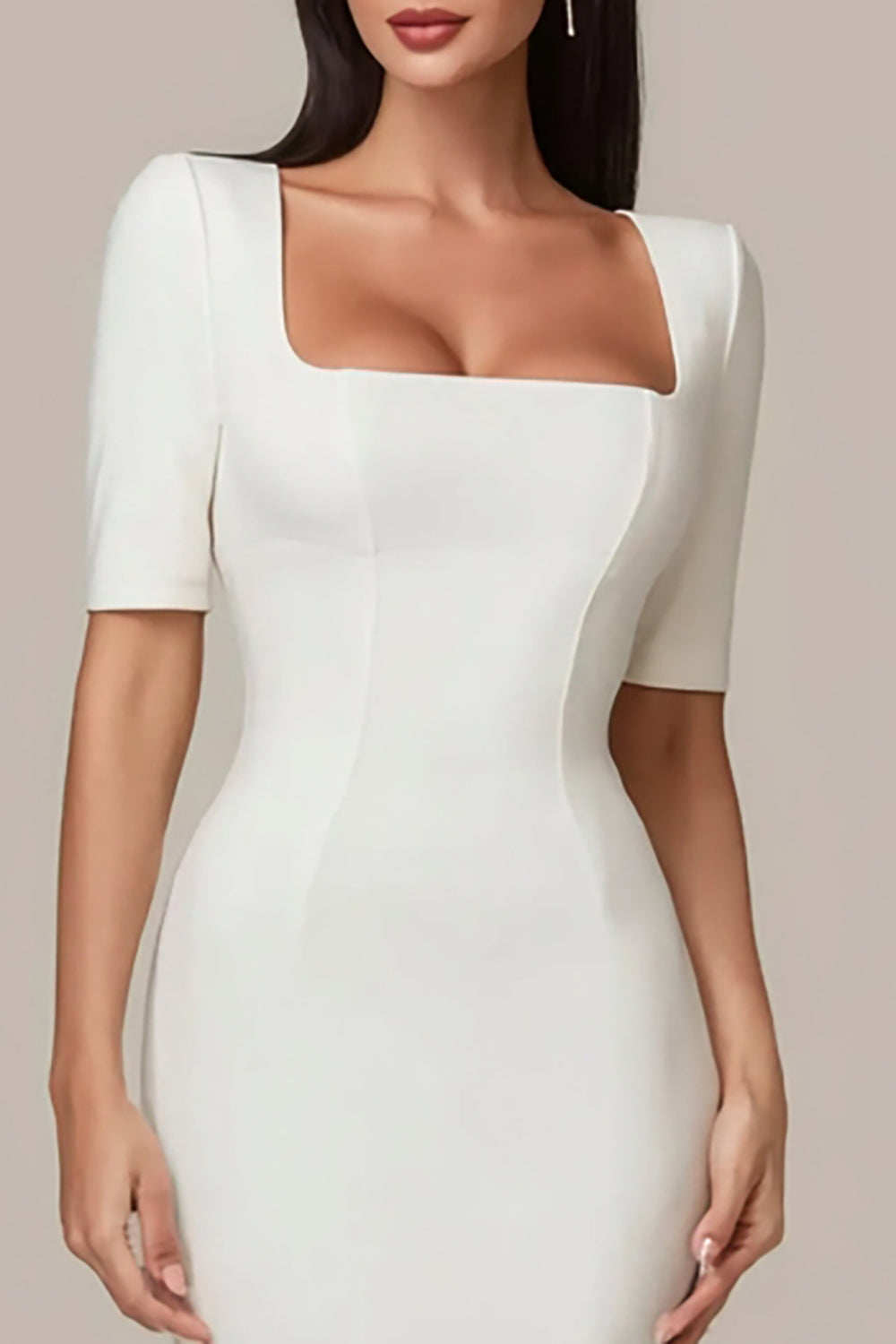 Elegant White Bodycon Square Neck Midi Engagement Dress with Sleeves