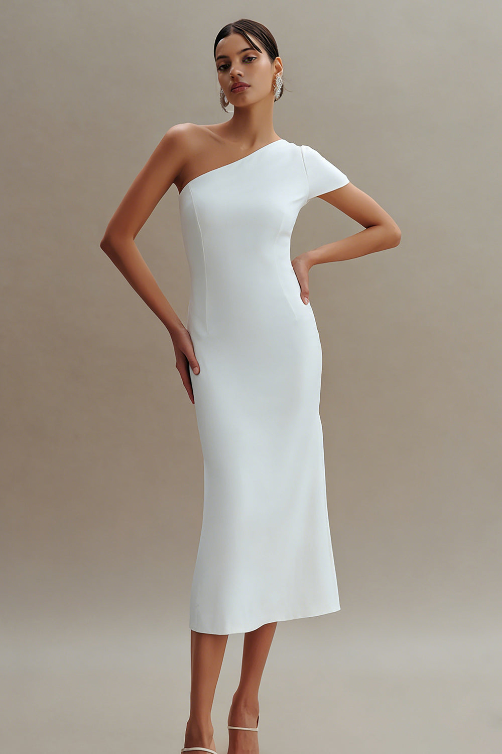 White Sheath Satin One Shoulder Midi Engagement Dress