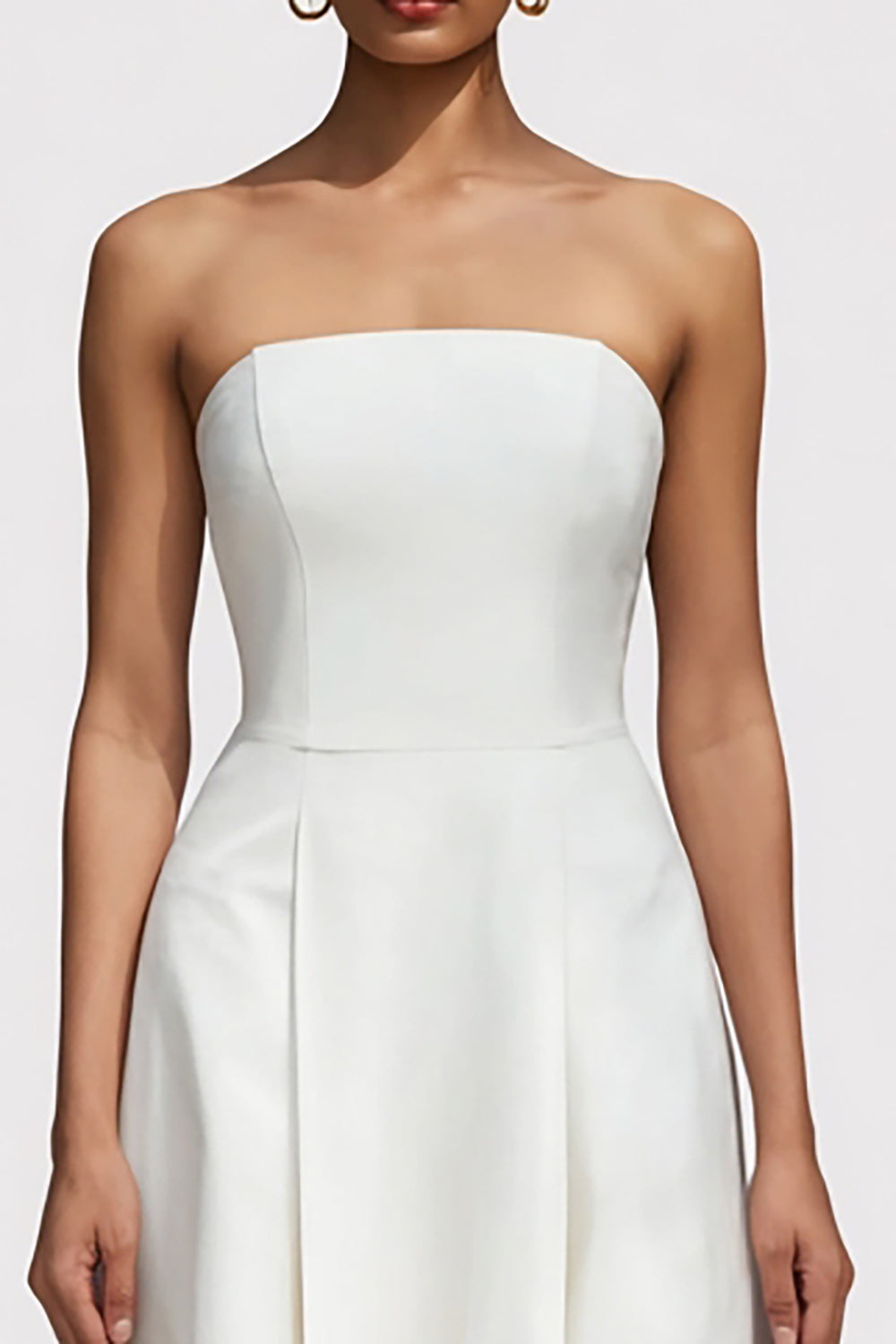 Simple White Strapless A Line Satin Midi Engagement Dress