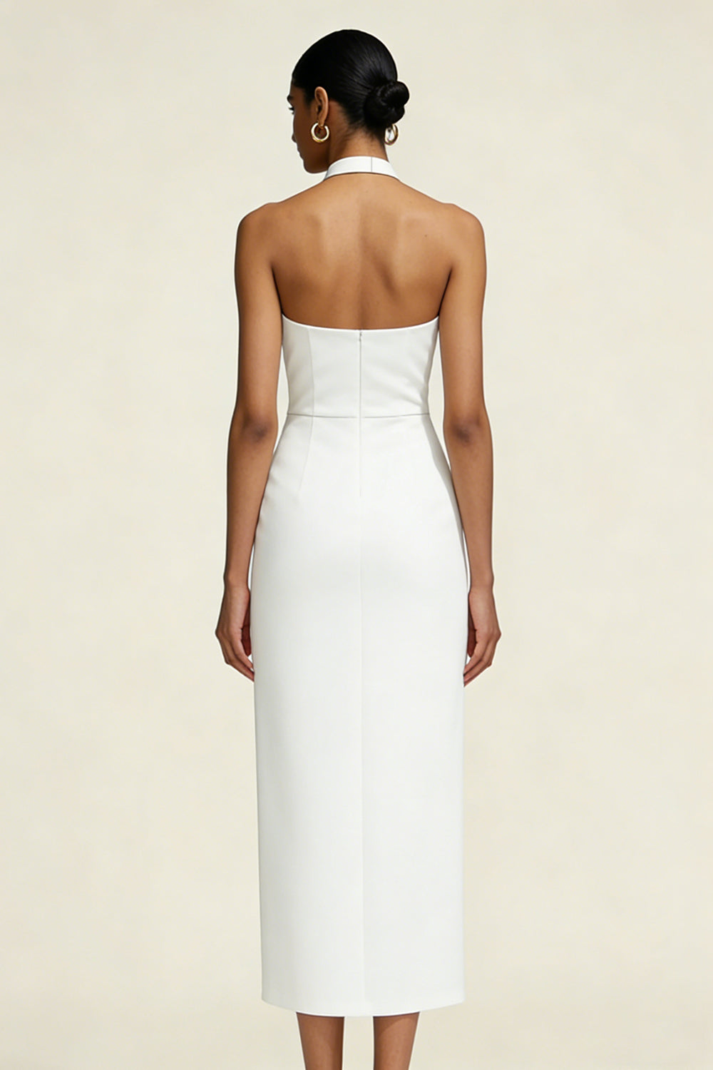 White Halter Sheath Satin Midi Engagement Dress