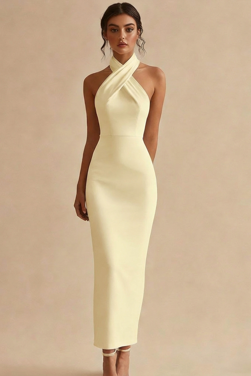 Elegant Ivory Halter Sheath Satin Maxi Engagement Dress